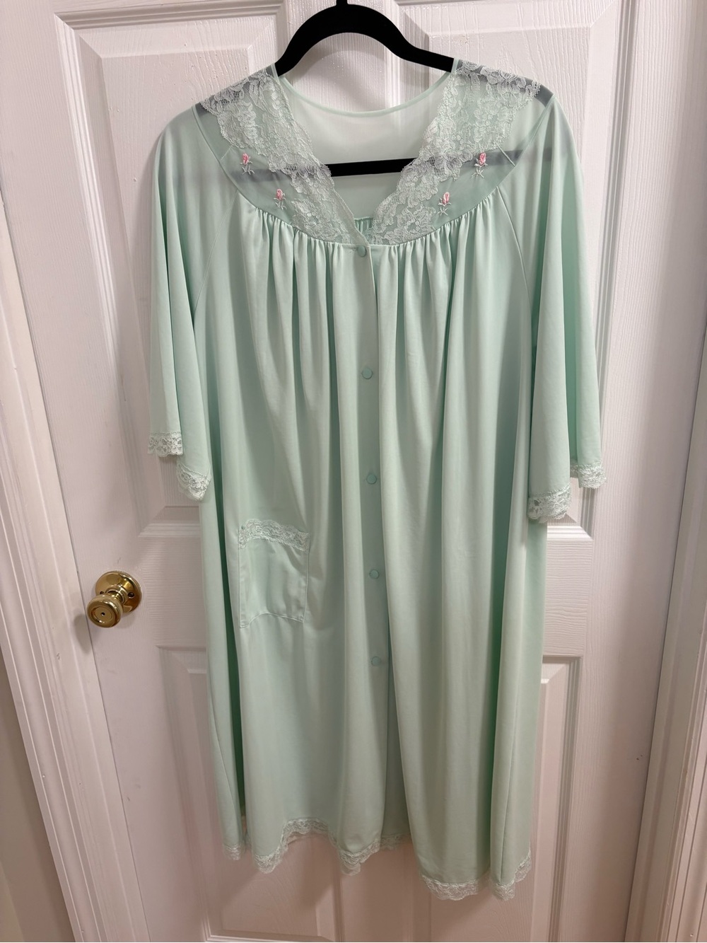 vintage mint green nylon button-front housecoat or robe by Shadowline